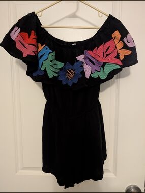 Off The Shoulder Romper with Multicolor Floral Embroidery